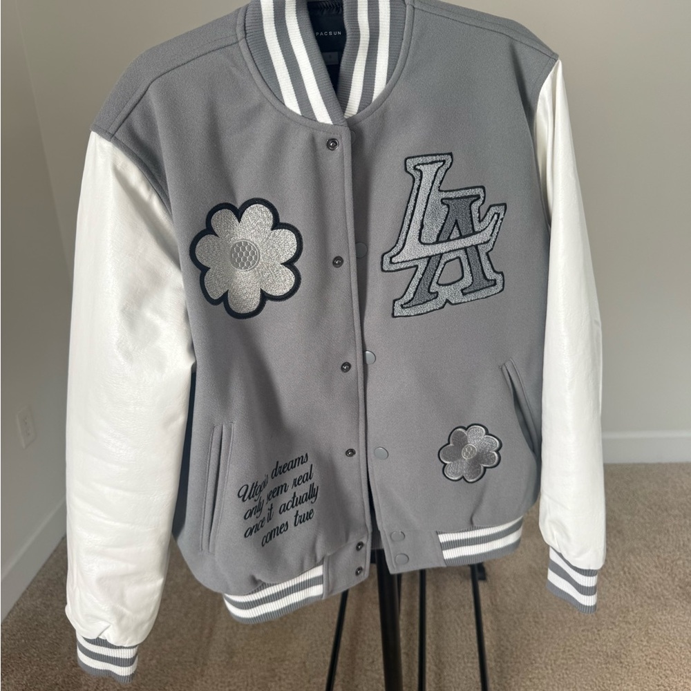 PacSun Gray and White Varsity Jacket